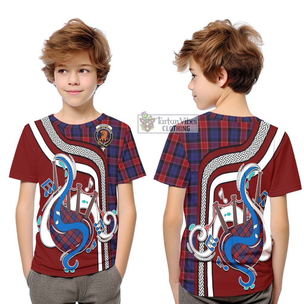 Tartan Vibes Clothing Graham of Menteith Red Tartan Kid T-Shirt with Epic Bagpipe Style