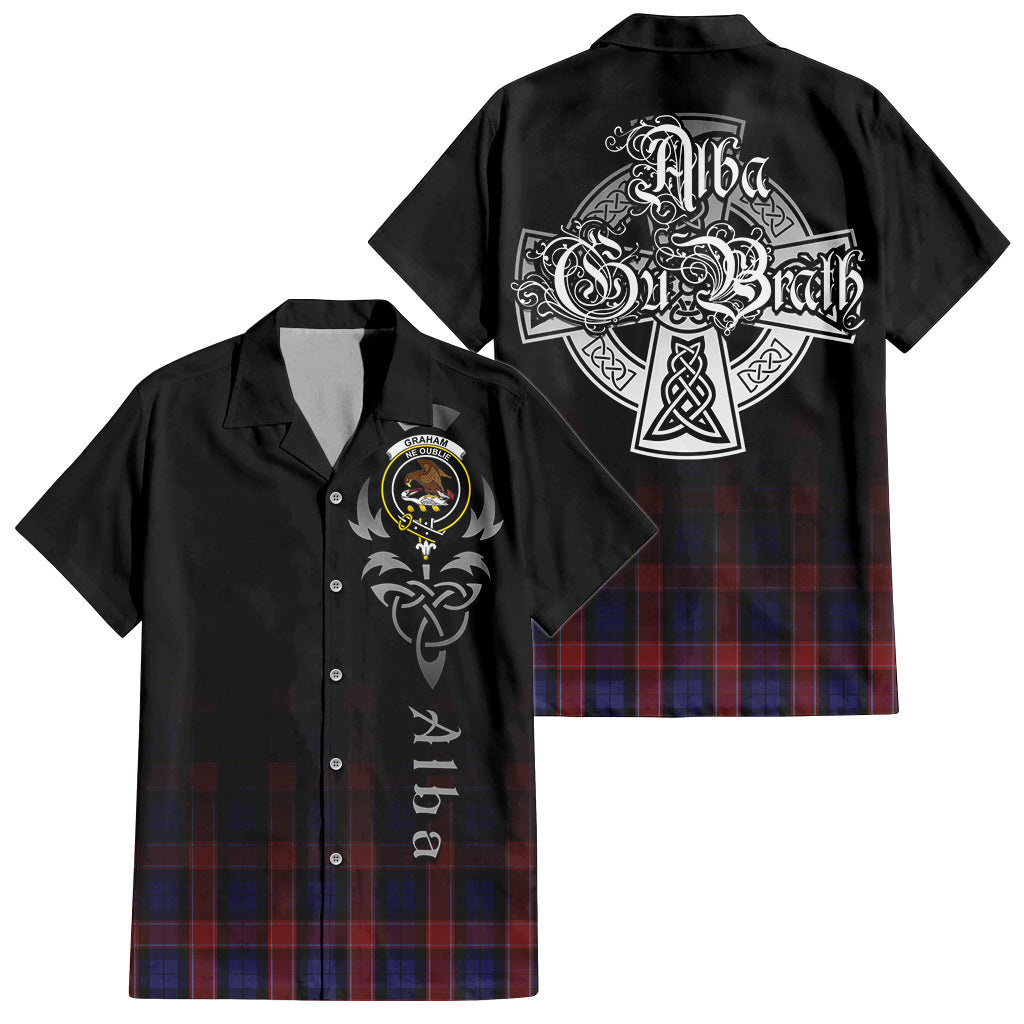 Tartan Vibes Clothing Graham of Menteith Red Tartan Short Sleeve Button Up Featuring Alba Gu Brath Family Crest Celtic Inspired