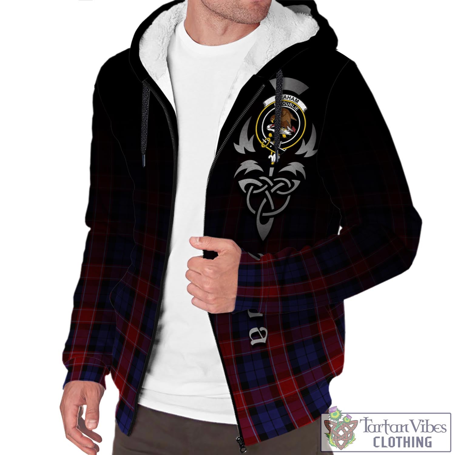 Tartan Vibes Clothing Graham of Menteith Red Tartan Sherpa Hoodie Featuring Alba Gu Brath Family Crest Celtic Inspired