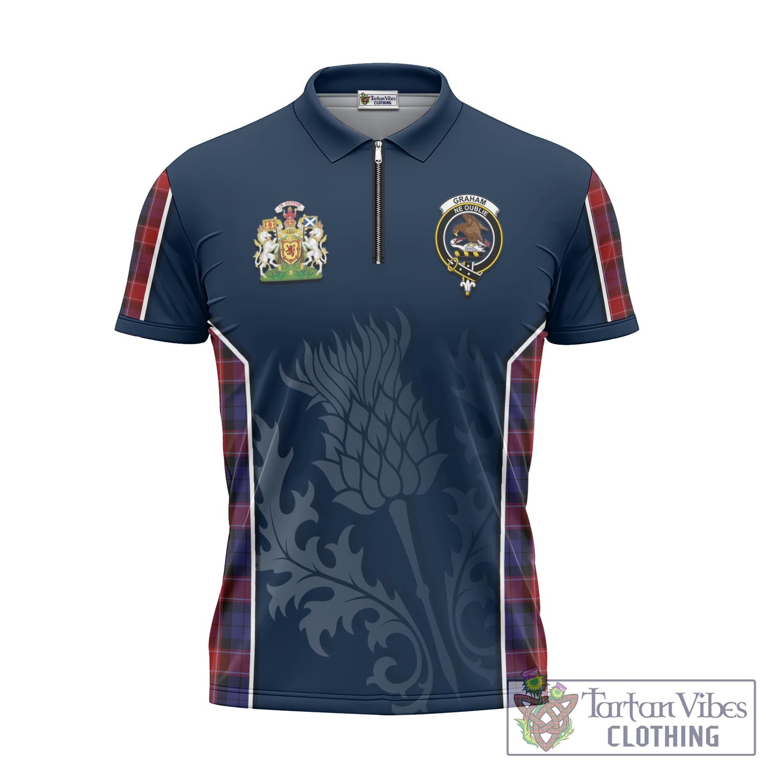 Tartan Vibes Clothing Graham of Menteith Red Tartan Zipper Polo Shirt with Family Crest and Scottish Thistle Vibes Sport Style