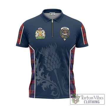 Graham of Menteith Red Tartan Zipper Polo Shirt with Family Crest and Scottish Thistle Vibes Sport Style