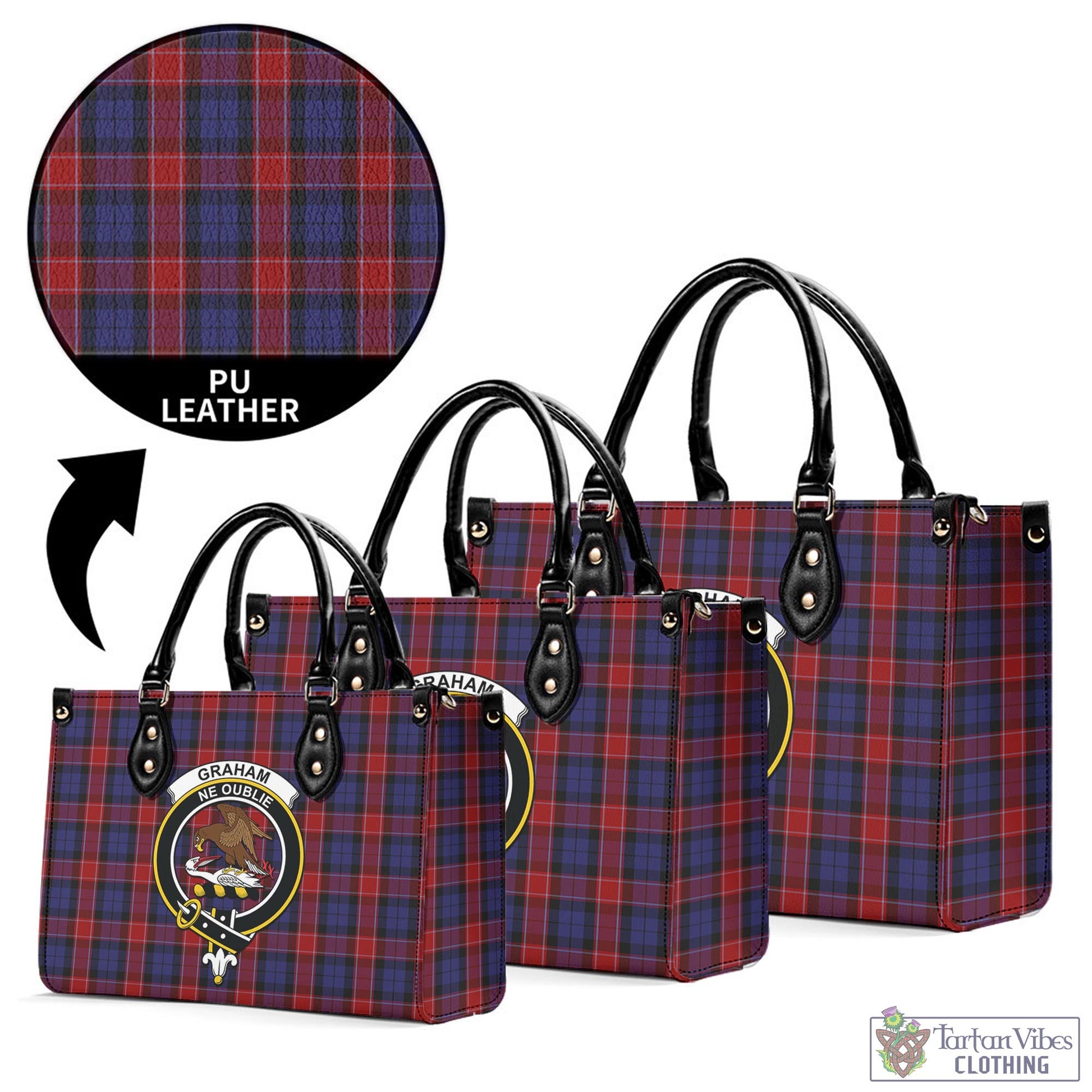 Tartan Vibes Clothing Graham of Menteith Red Tartan Luxury Leather Handbags with Family Crest