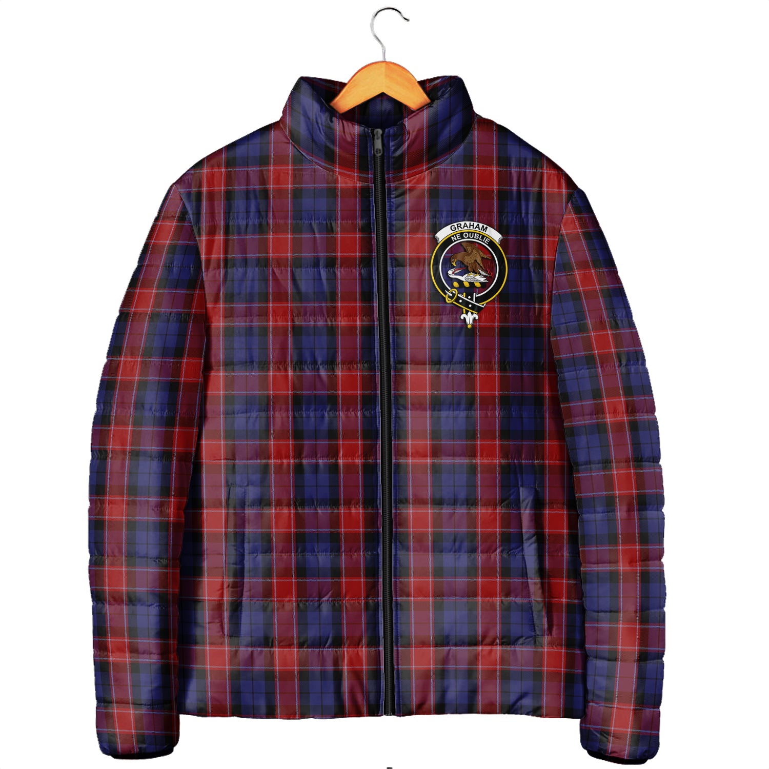 Graham of Menteith Red Tartan Padded Jacket with Family Crest Men's Padded Jacket - Tartan Vibes Clothing