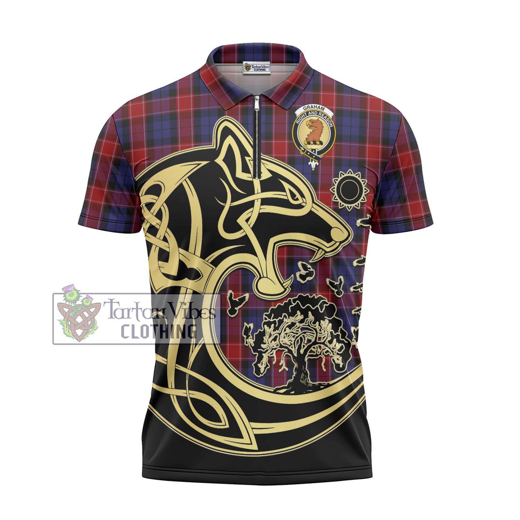 Graham of Menteith Red Tartan Zipper Polo Shirt with Family Crest Celtic Wolf Style - Tartanvibesclothing Shop