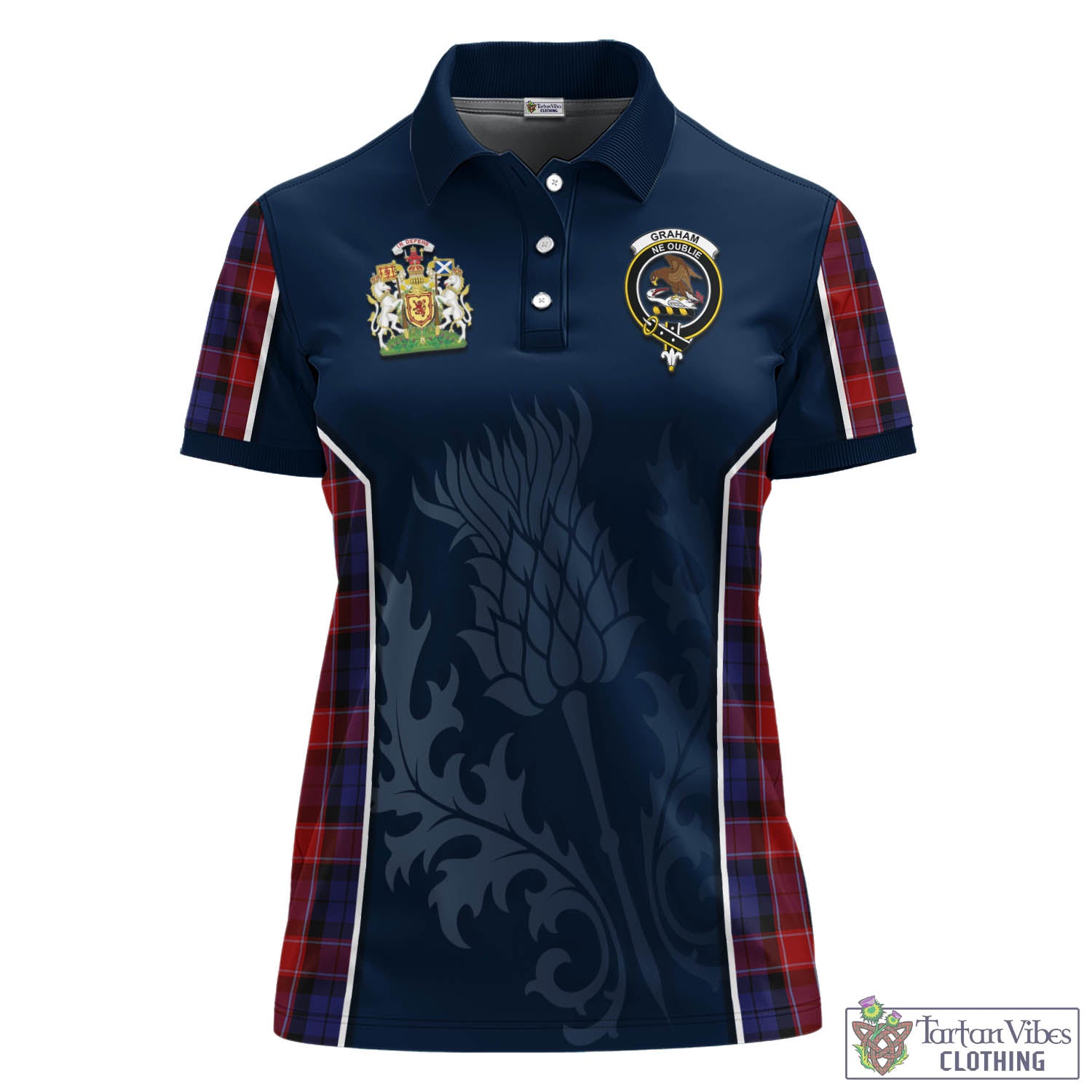 Tartan Vibes Clothing Graham of Menteith Red Tartan Women's Polo Shirt with Family Crest and Scottish Thistle Vibes Sport Style