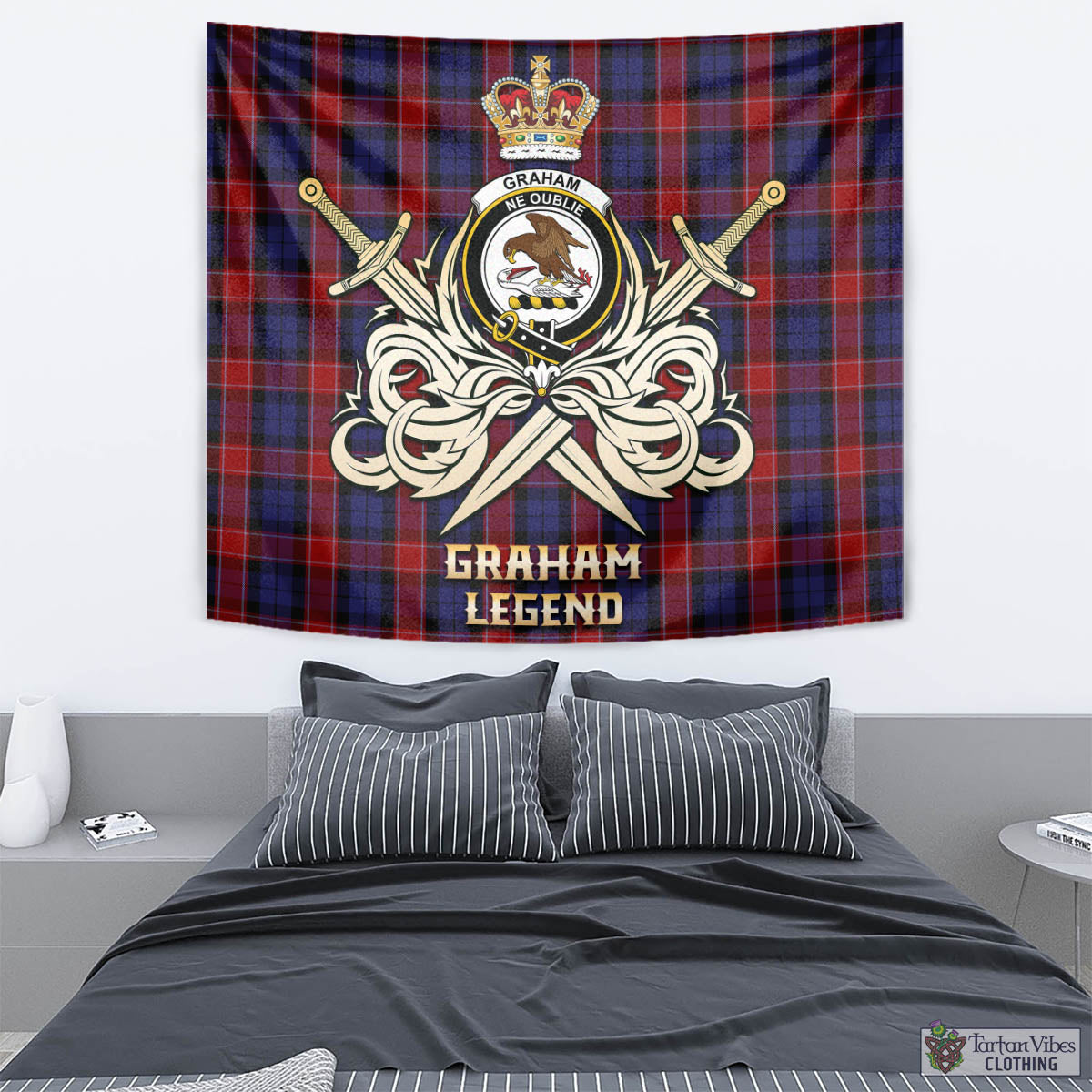 Tartan Vibes Clothing Graham of Menteith Red Tartan Tapestry with Clan Crest and the Golden Sword of Courageous Legacy