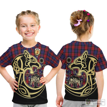 Graham of Menteith Red Tartan Kid T-Shirt with Family Crest Celtic Wolf Style