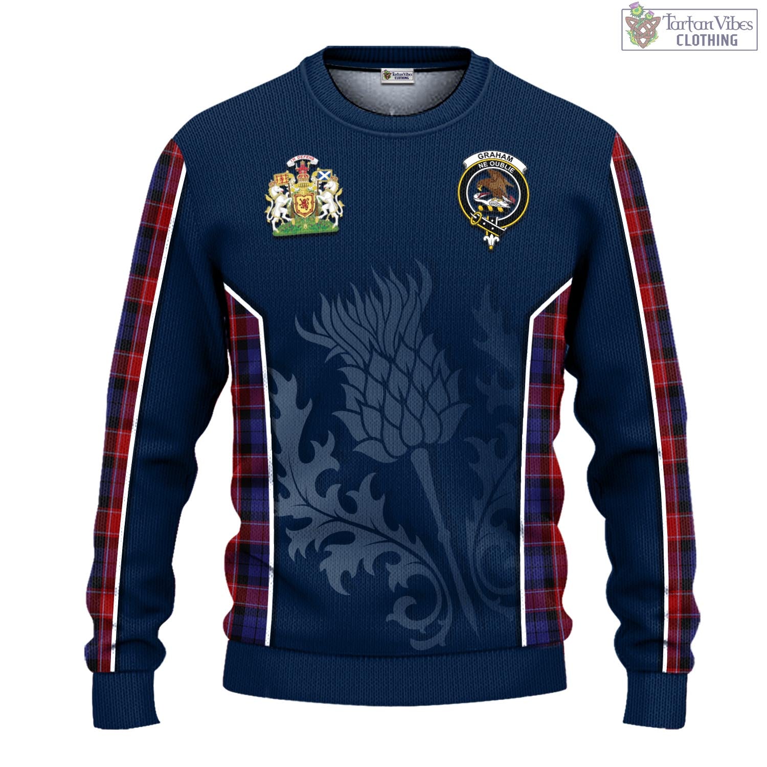 Tartan Vibes Clothing Graham of Menteith Red Tartan Knitted Sweatshirt with Family Crest and Scottish Thistle Vibes Sport Style