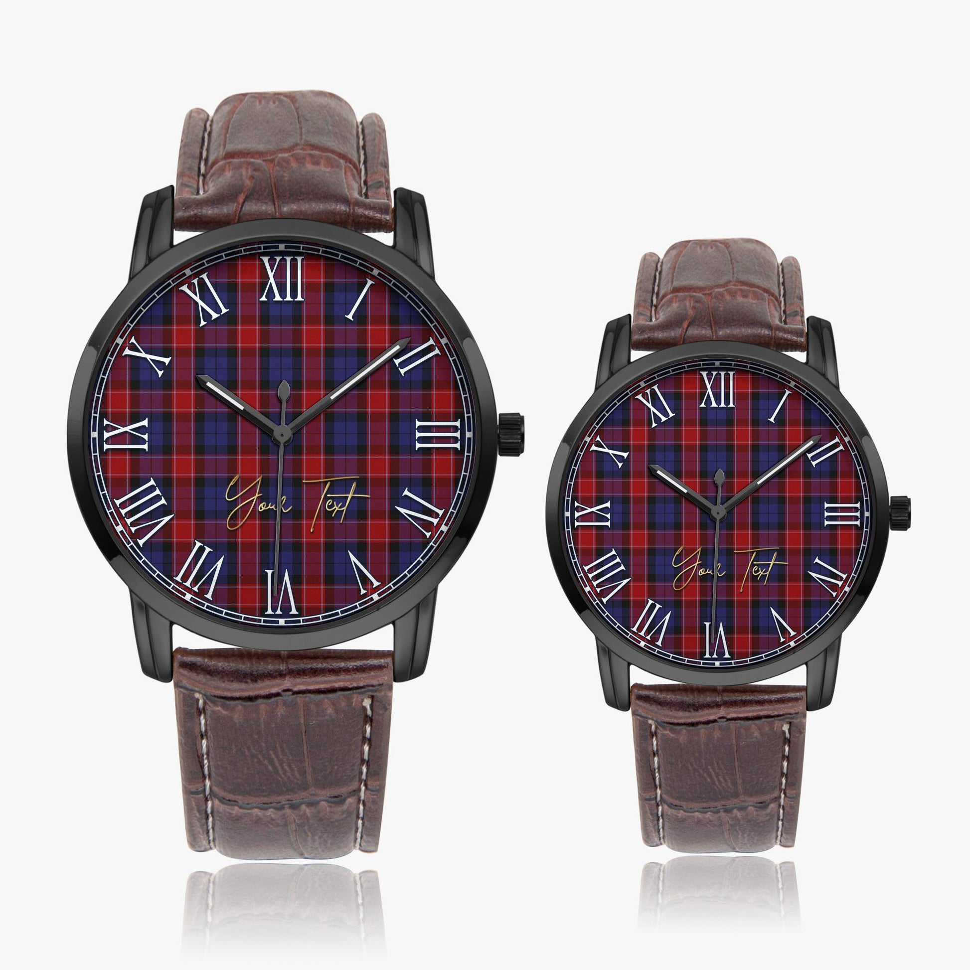 Graham of Menteith Red Tartan Personalized Your Text Leather Trap Quartz Watch Wide Type Black Case With Brown Leather Strap - Tartanvibesclothing