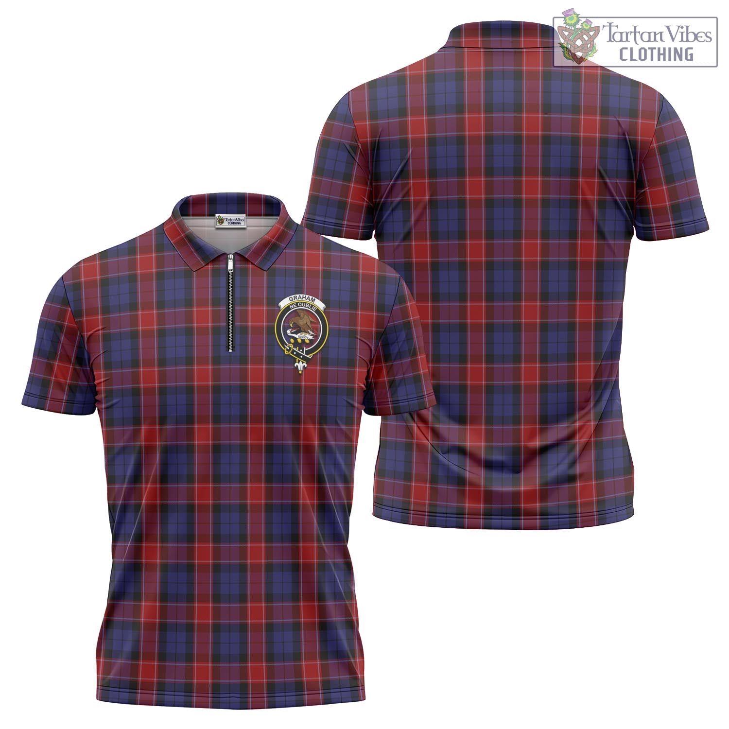 Tartan Vibes Clothing Graham of Menteith Red Tartan Zipper Polo Shirt with Family Crest