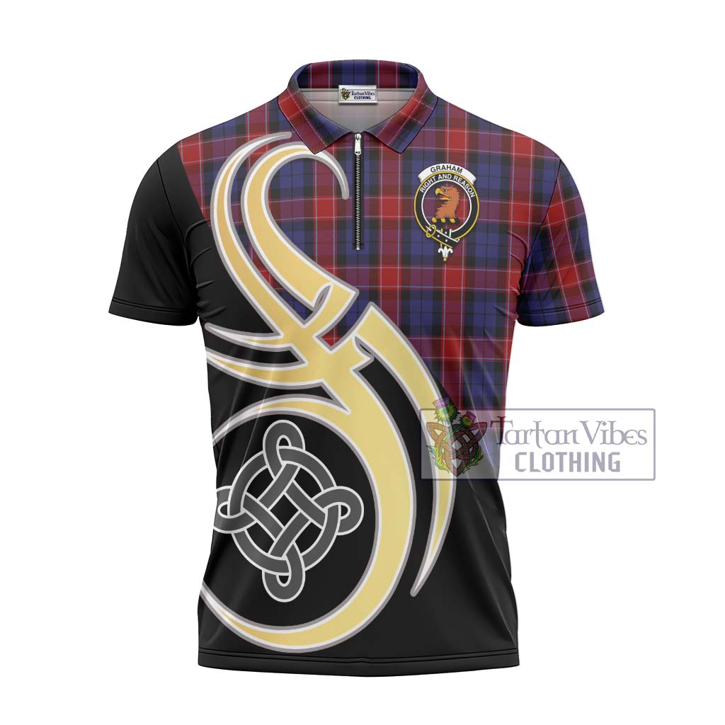 Tartan Vibes Clothing Graham of Menteith Red Tartan Zipper Polo Shirt with Family Crest and Celtic Symbol Style