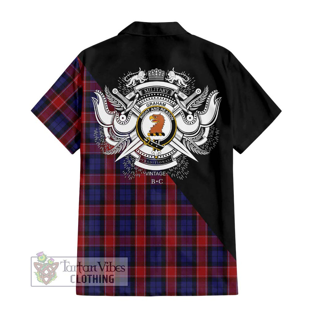 Graham of Menteith Red Tartan Short Sleeve Button Shirt with Family Crest and Military Logo Style - Tartanvibesclothing Shop