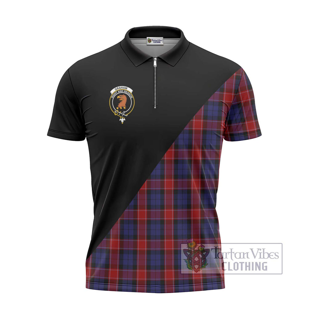 Graham of Menteith Red Tartan Zipper Polo Shirt with Family Crest and Military Logo Style - Tartanvibesclothing Shop