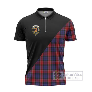 Graham of Menteith Red Tartan Zipper Polo Shirt with Family Crest and Military Logo Style