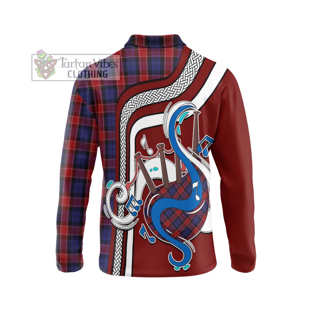 Tartan Vibes Clothing Graham of Menteith Red Tartan Long Sleeve Polo Shirt with Epic Bagpipe Style