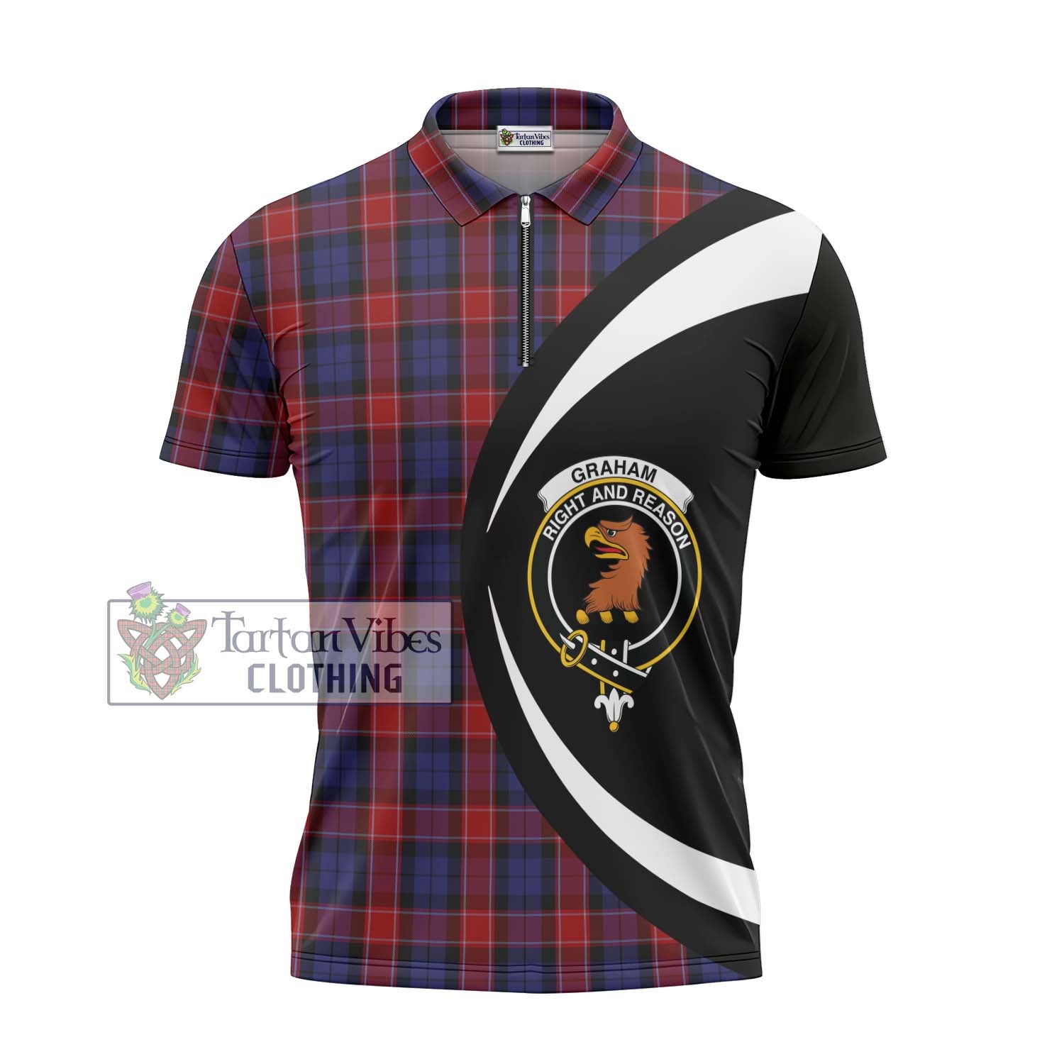 Tartan Vibes Clothing Graham of Menteith Red Tartan Zipper Polo Shirt with Family Crest Circle Style