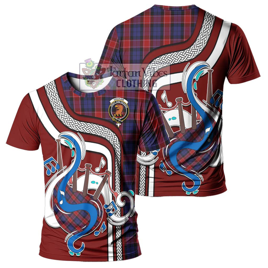 Graham of Menteith Red Tartan T-Shirt with Epic Bagpipe Style - Tartanvibesclothing Shop