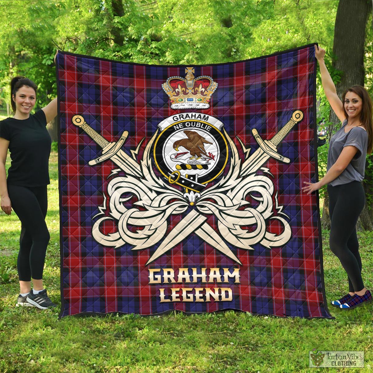 Tartan Vibes Clothing Graham of Menteith Red Tartan Quilt with Clan Crest and the Golden Sword of Courageous Legacy