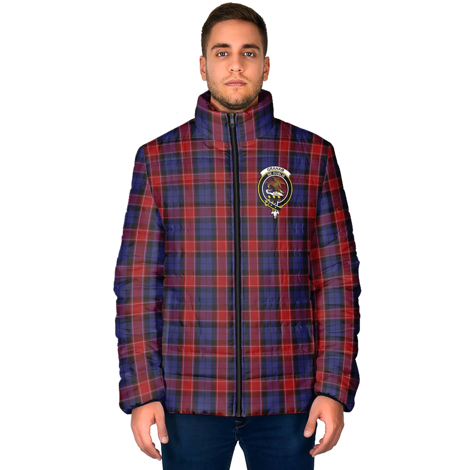 Graham of Menteith Red Tartan Padded Jacket with Family Crest - Tartan Vibes Clothing