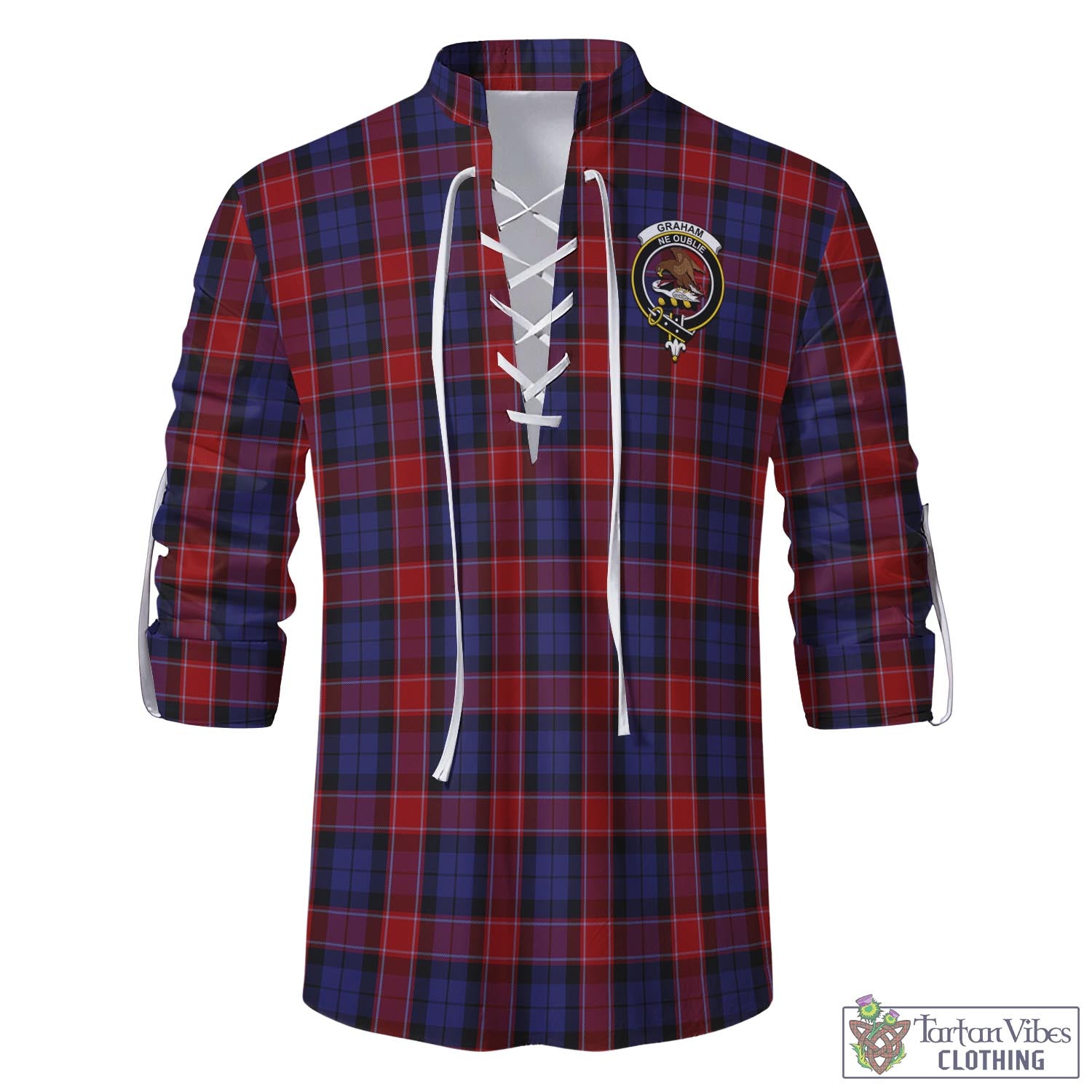 Tartan Vibes Clothing Graham of Menteith Red Tartan Men's Scottish Traditional Jacobite Ghillie Kilt Shirt with Family Crest