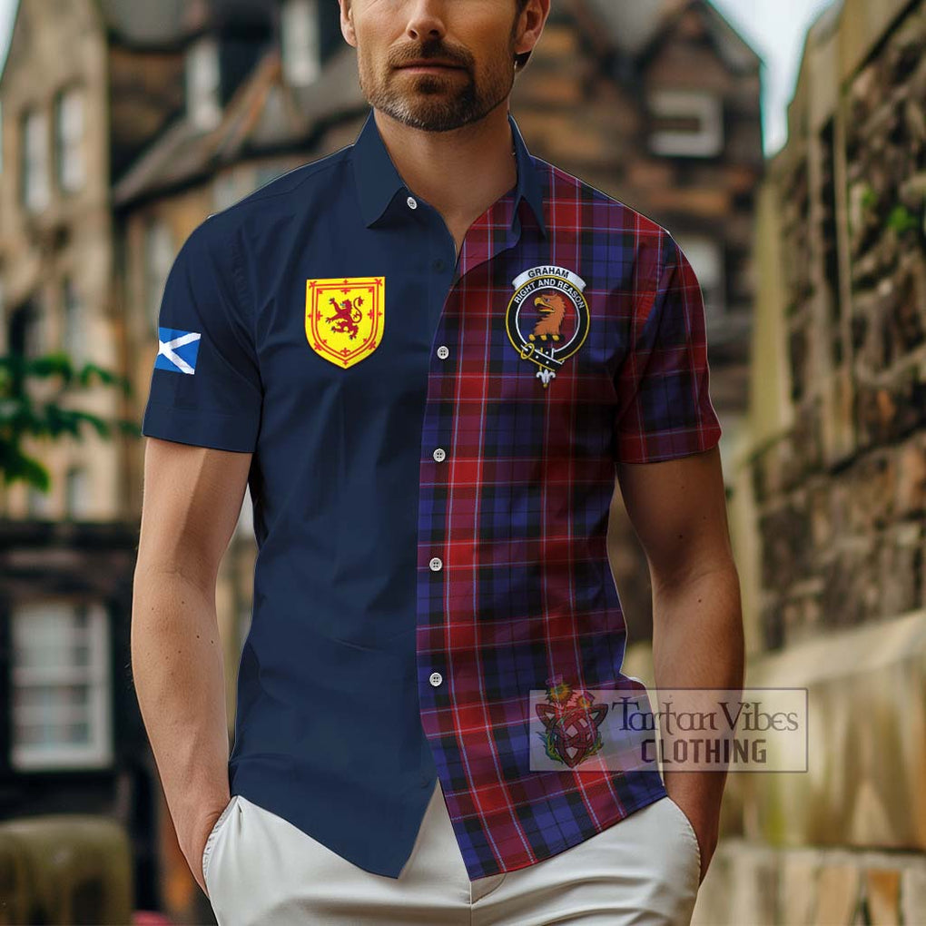 Tartan Vibes Clothing Graham of Menteith Red Tartan Short Sleeve Button Shirt with Scottish Lion Royal Arm Half Style