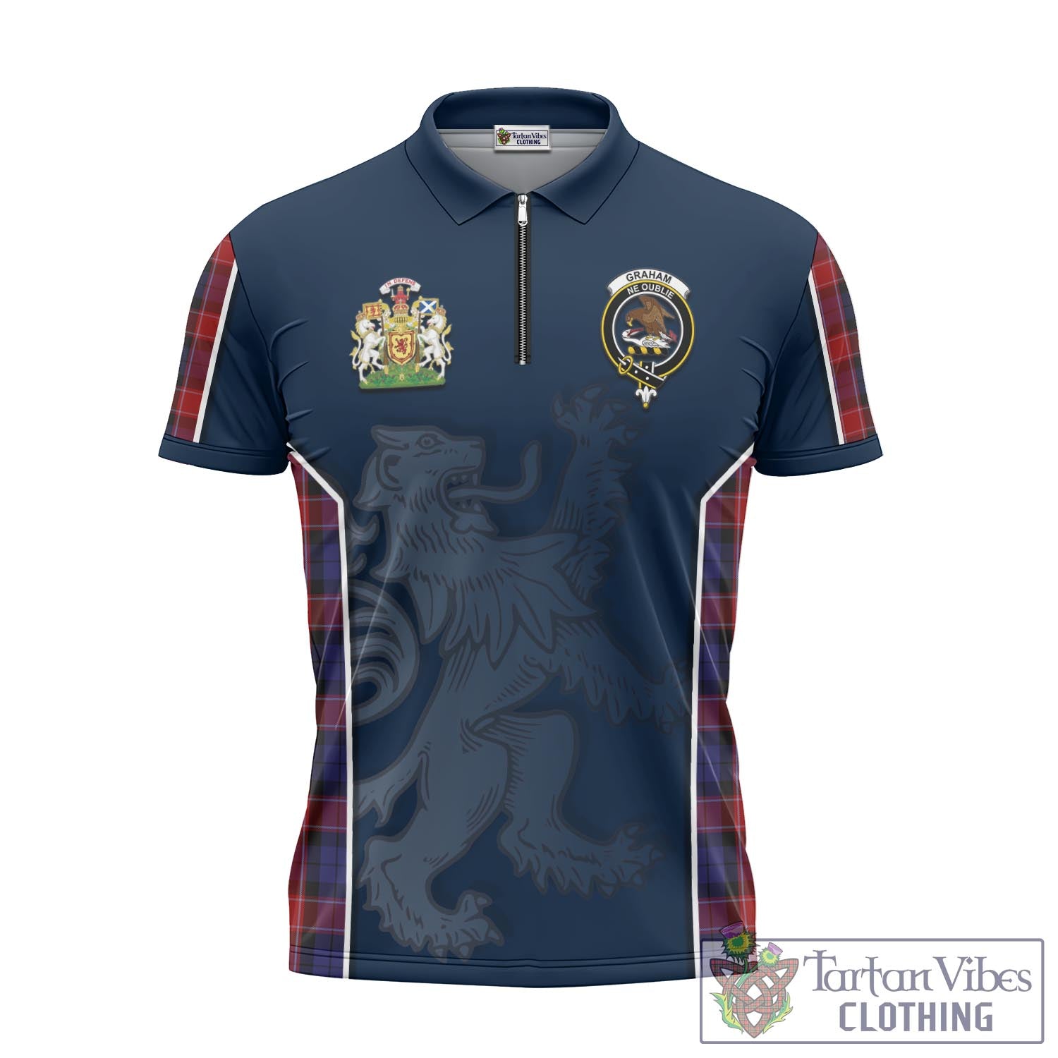 Tartan Vibes Clothing Graham of Menteith Red Tartan Zipper Polo Shirt with Family Crest and Lion Rampant Vibes Sport Style