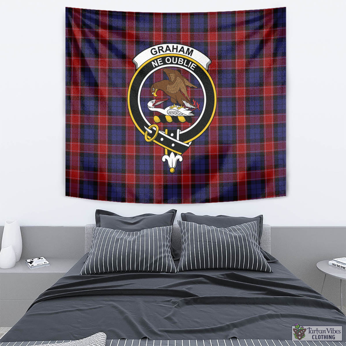 Tartan Vibes Clothing Graham of Menteith Red Tartan Tapestry Wall Hanging and Home Decor for Room with Family Crest