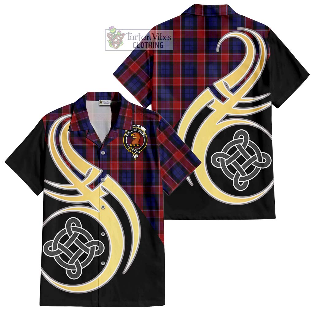 Graham of Menteith Red Tartan Short Sleeve Button Shirt with Family Crest and Celtic Symbol Style - Tartan Vibes Clothing