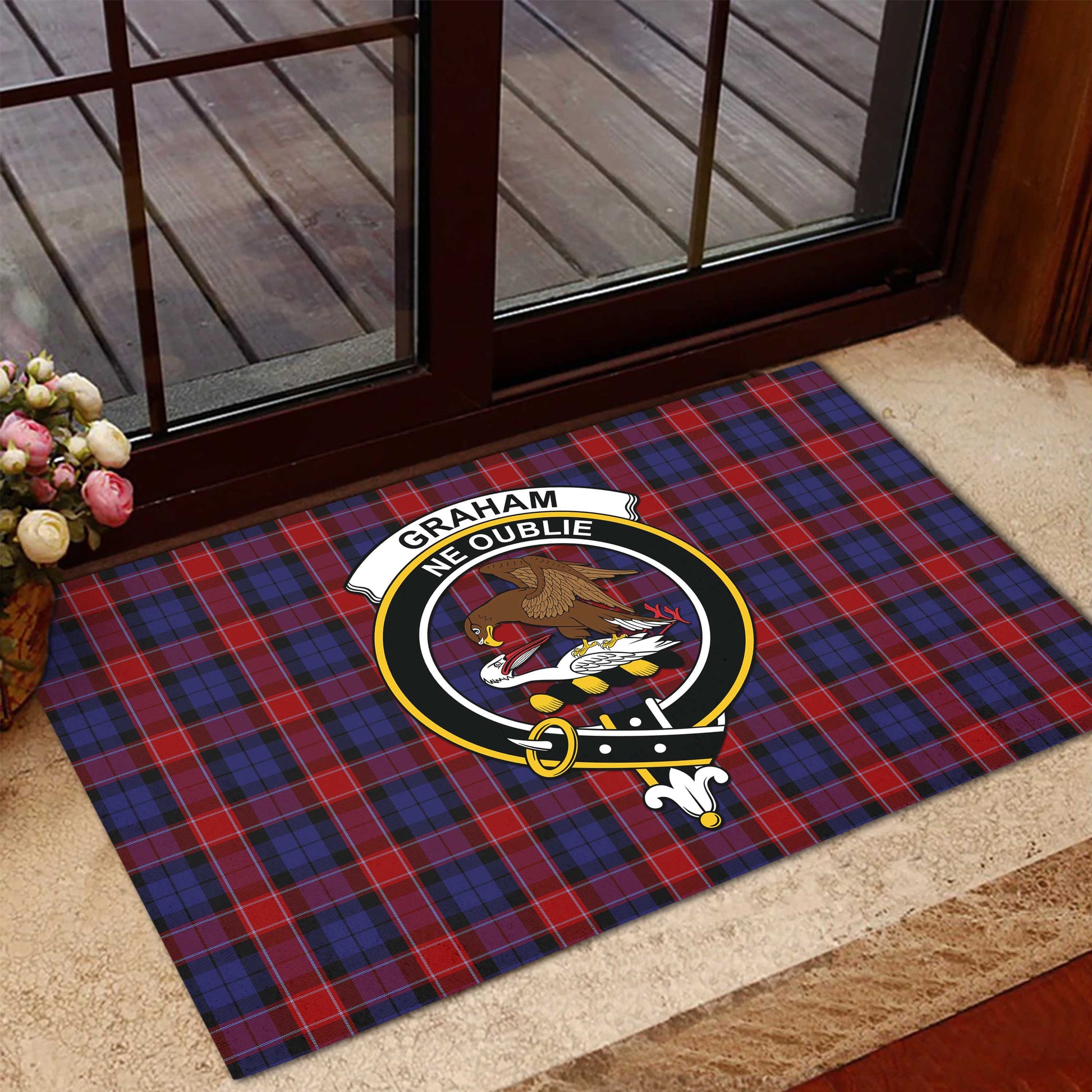 Graham of Menteith Red Tartan Door Mat with Family Crest - Tartanvibesclothing