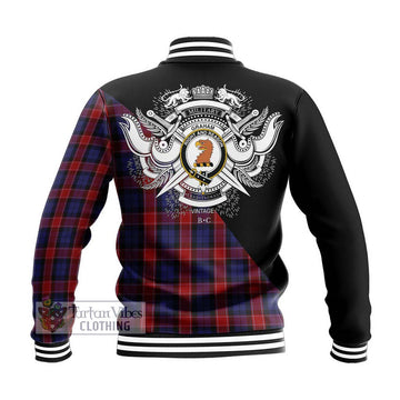 Graham of Menteith Red Tartan Baseball Jacket with Family Crest and Military Logo Style