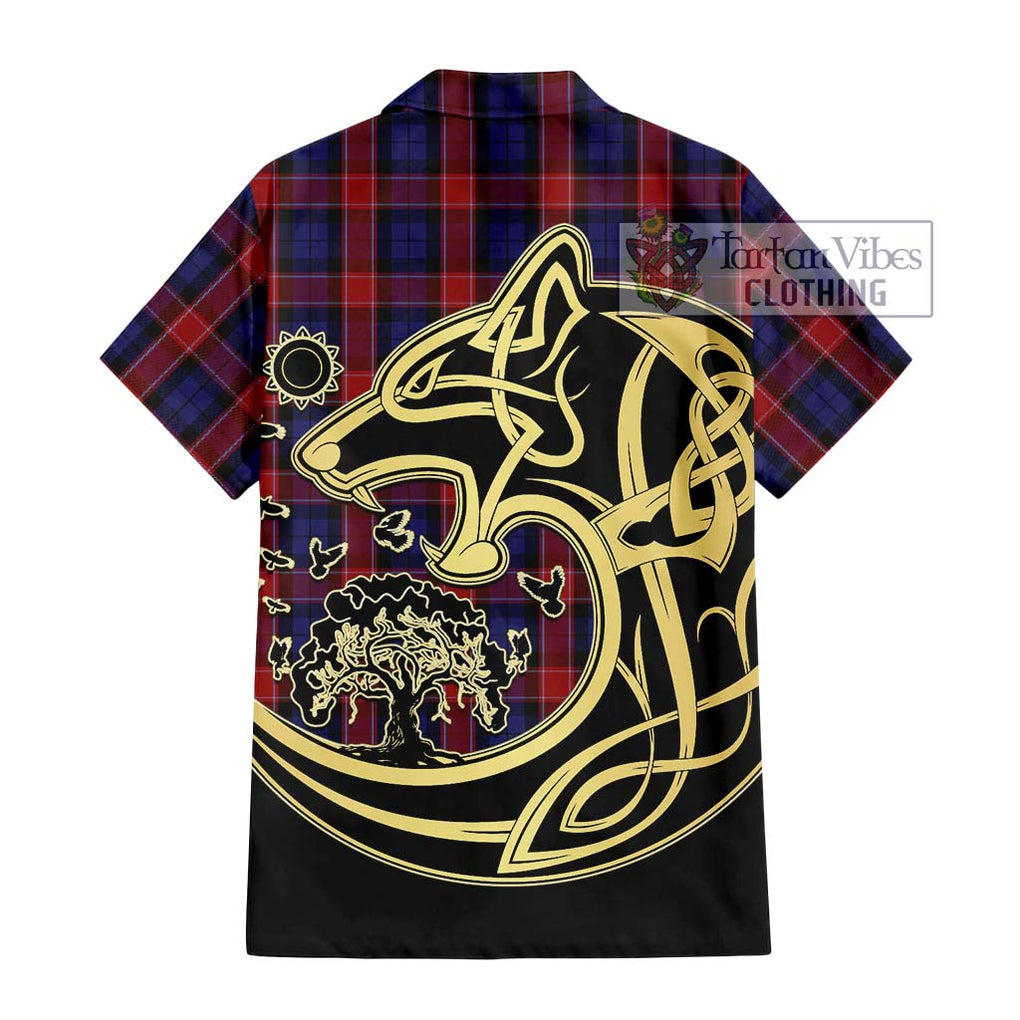 Graham of Menteith Red Tartan Short Sleeve Button Shirt with Family Crest Celtic Wolf Style - Tartan Vibes Clothing