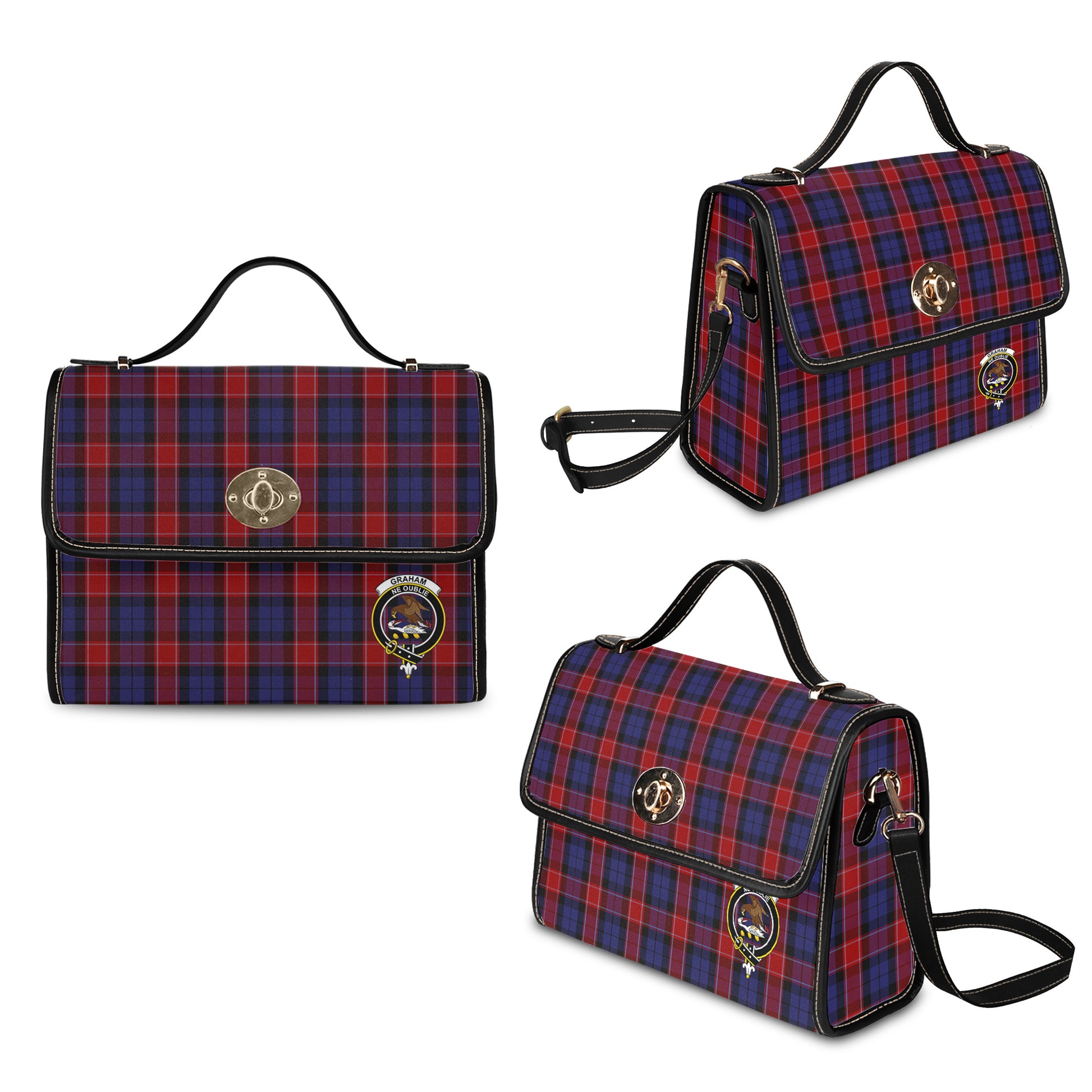 graham-of-menteith-red-tartan-leather-strap-waterproof-canvas-bag-with-family-crest