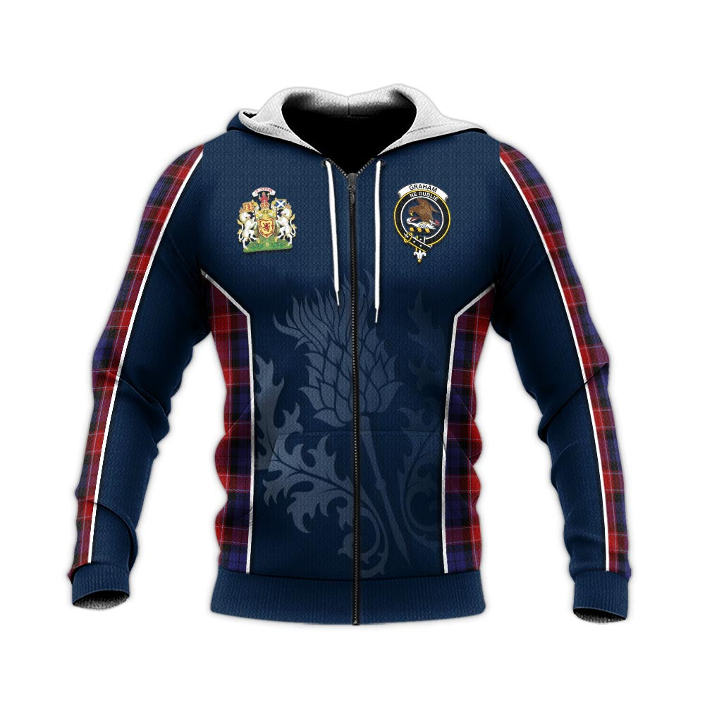 Tartan Vibes Clothing Graham of Menteith Red Tartan Knitted Hoodie with Family Crest and Scottish Thistle Vibes Sport Style