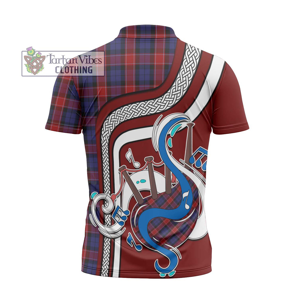 Graham of Menteith Red Tartan Zipper Polo Shirt with Epic Bagpipe Style - Tartanvibesclothing Shop