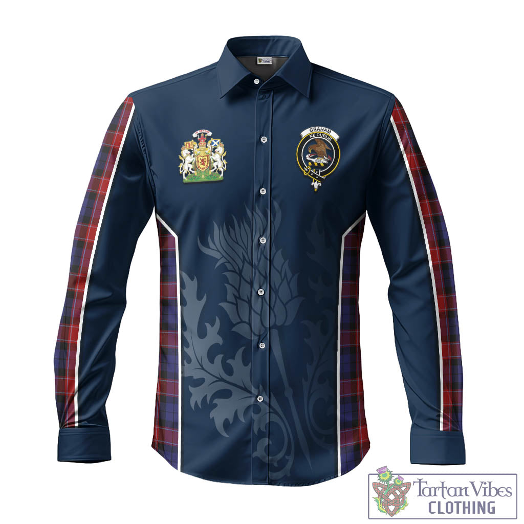 Tartan Vibes Clothing Graham of Menteith Red Tartan Long Sleeve Button Up Shirt with Family Crest and Scottish Thistle Vibes Sport Style