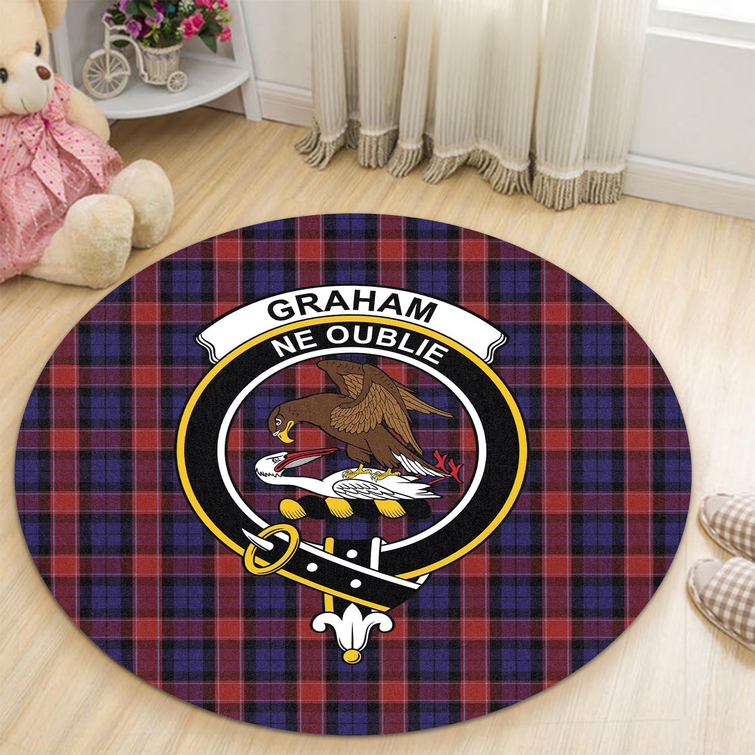 graham-of-menteith-red-tartan-round-rug-with-family-crest