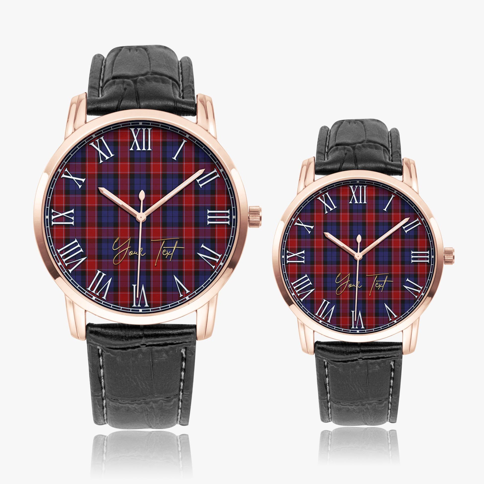 Graham of Menteith Red Tartan Personalized Your Text Leather Trap Quartz Watch Wide Type Rose Gold Case With Black Leather Strap - Tartanvibesclothing