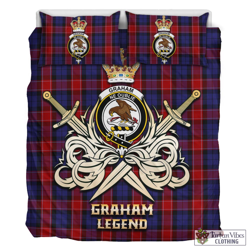 Tartan Vibes Clothing Graham of Menteith Red Tartan Bedding Set with Clan Crest and the Golden Sword of Courageous Legacy