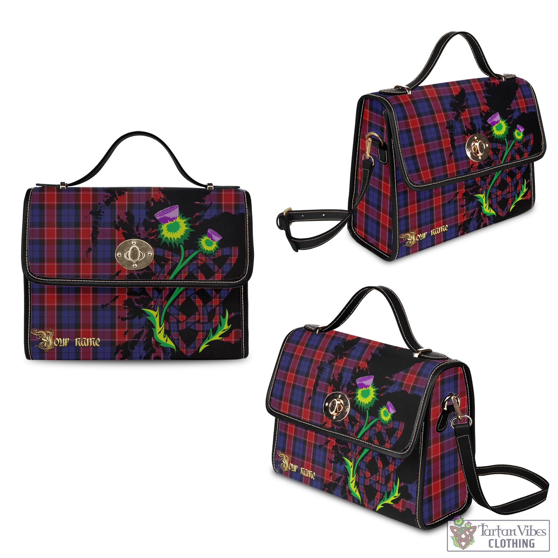 Tartan Vibes Clothing Graham of Menteith Red Tartan Waterproof Canvas Bag with Scotland Map and Thistle Celtic Accents