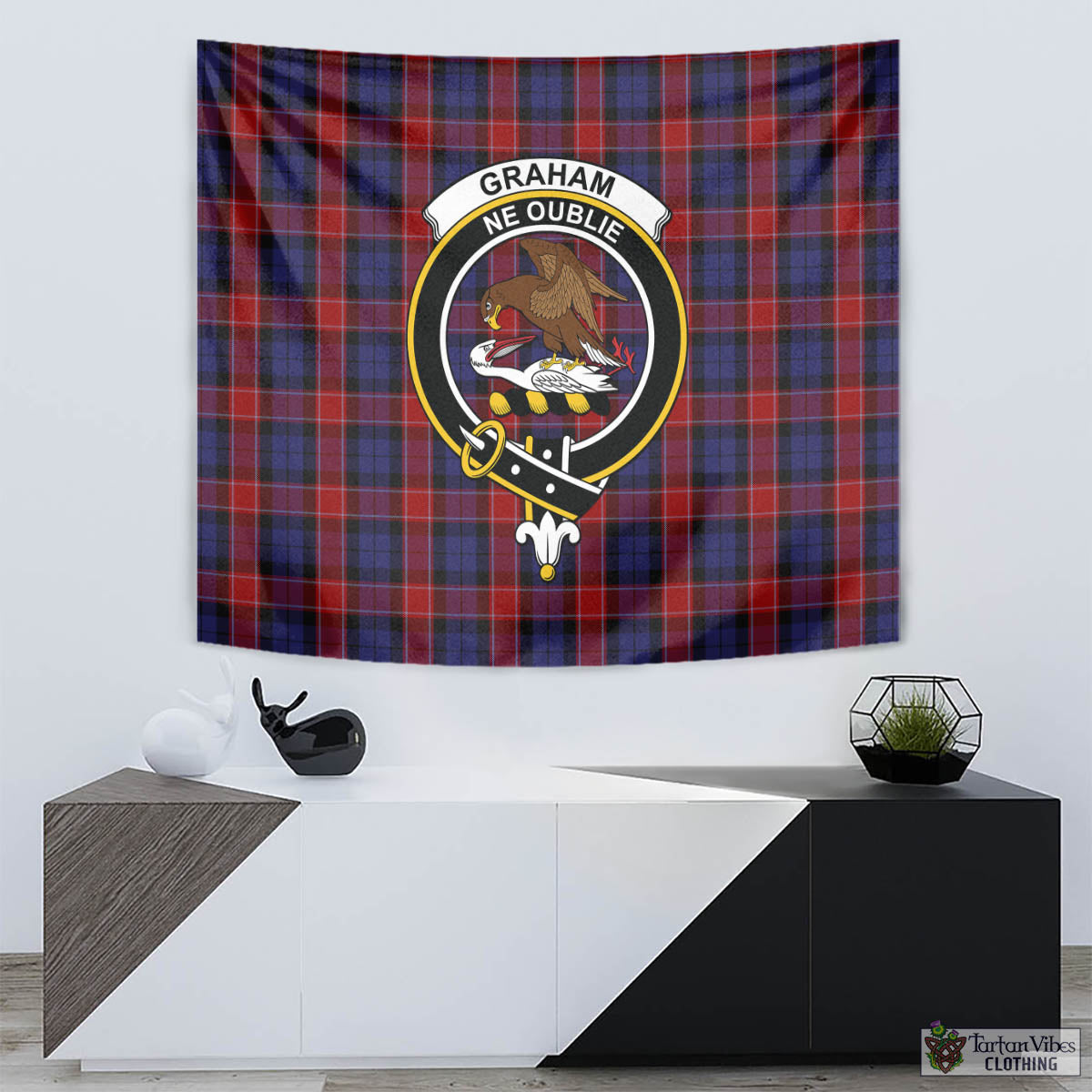 Tartan Vibes Clothing Graham of Menteith Red Tartan Tapestry Wall Hanging and Home Decor for Room with Family Crest