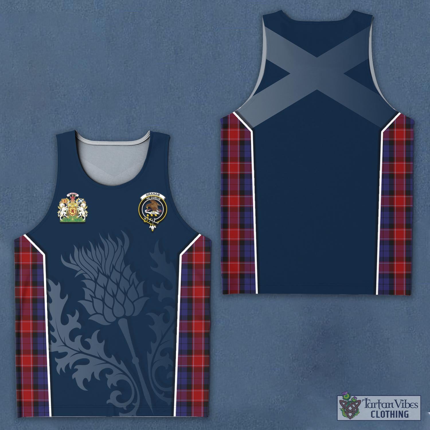 Tartan Vibes Clothing Graham of Menteith Red Tartan Men's Tanks Top with Family Crest and Scottish Thistle Vibes Sport Style