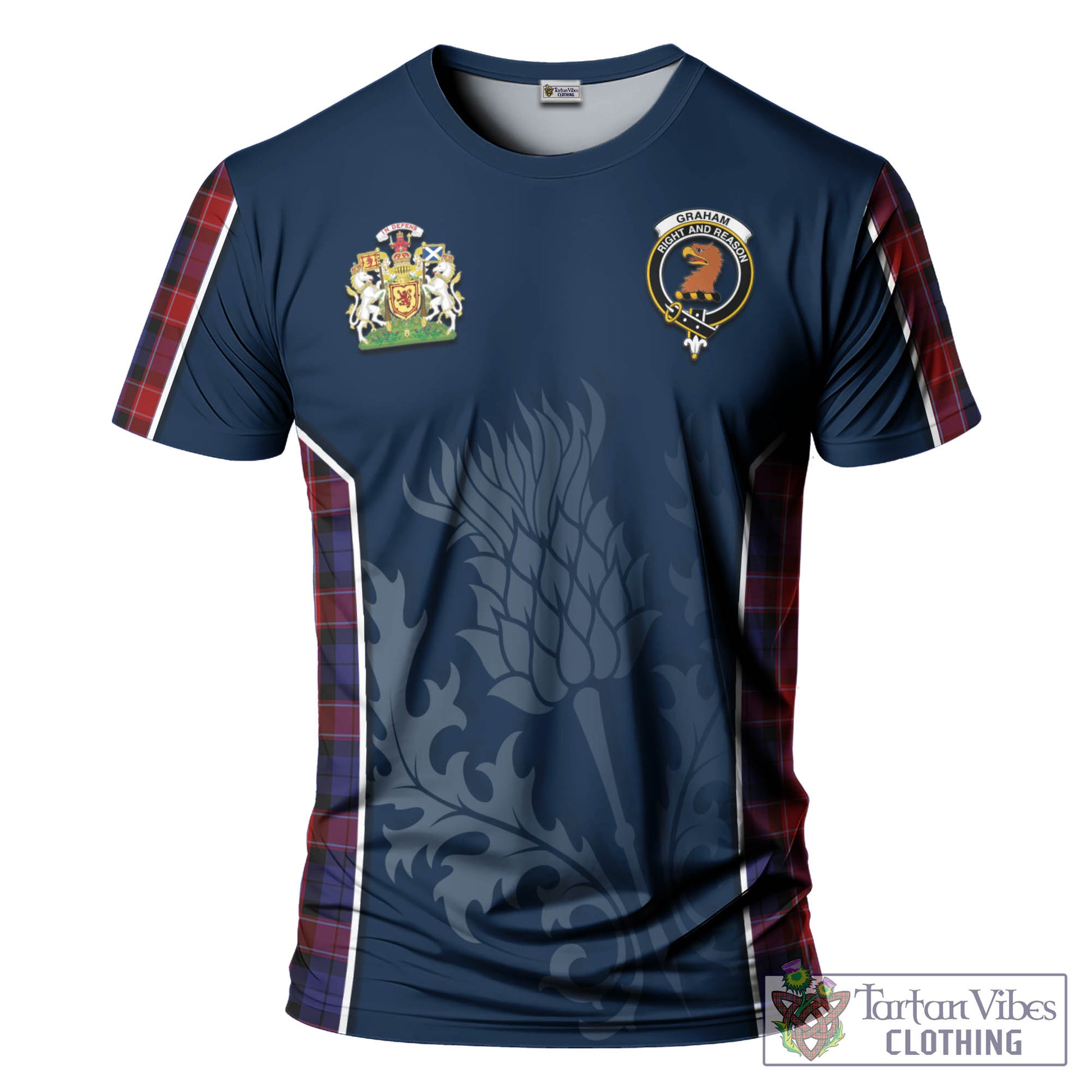 Tartan Vibes Clothing Graham of Menteith Red Tartan T-Shirt with Family Crest and Scottish Thistle Vibes Sport Style