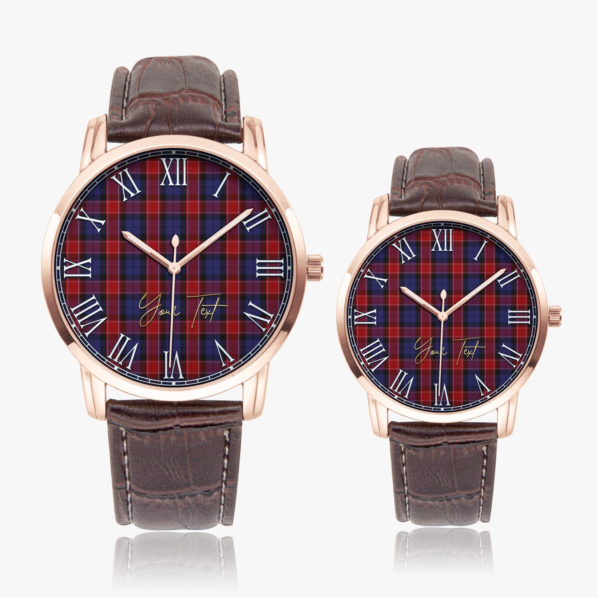 Graham of Menteith Red Tartan Personalized Your Text Leather Trap Quartz Watch Wide Type Rose Gold Case With Brown Leather Strap - Tartanvibesclothing