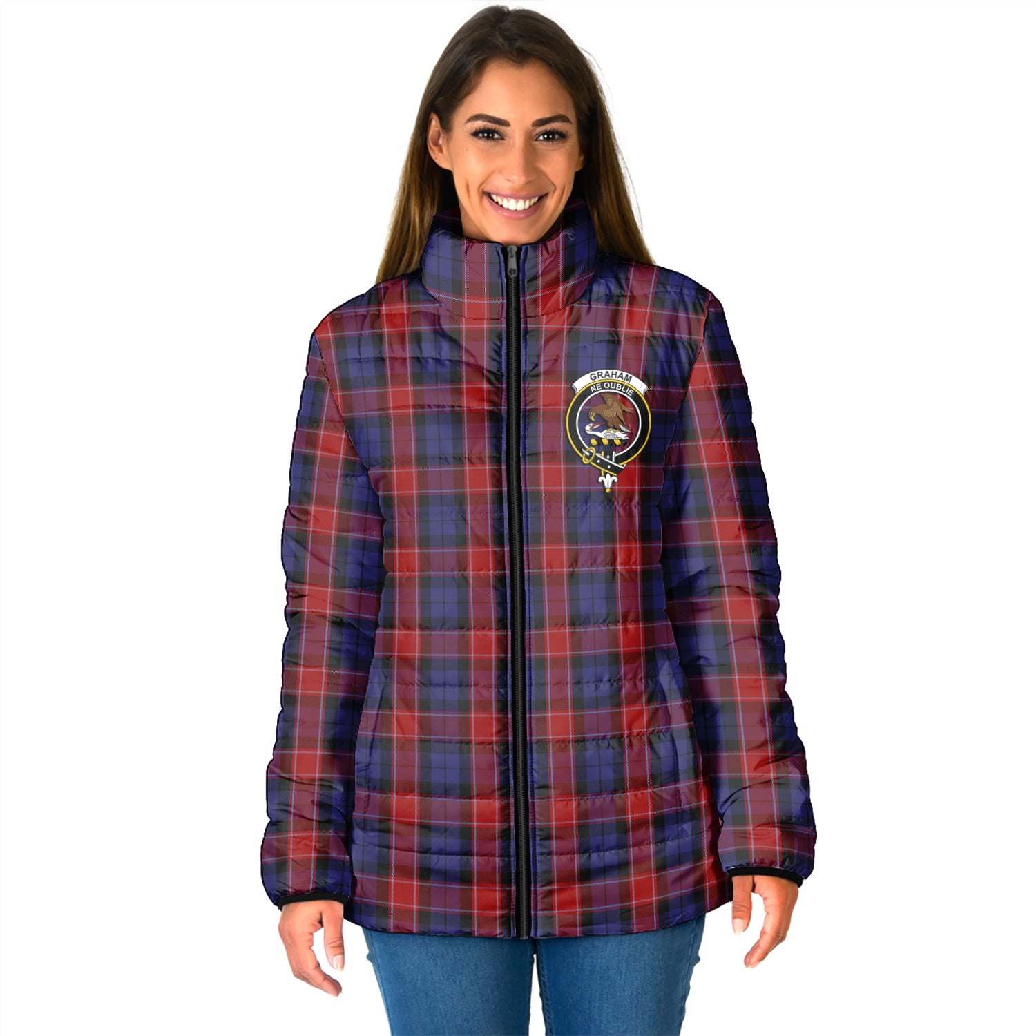 Graham of Menteith Red Tartan Padded Jacket with Family Crest - Tartan Vibes Clothing