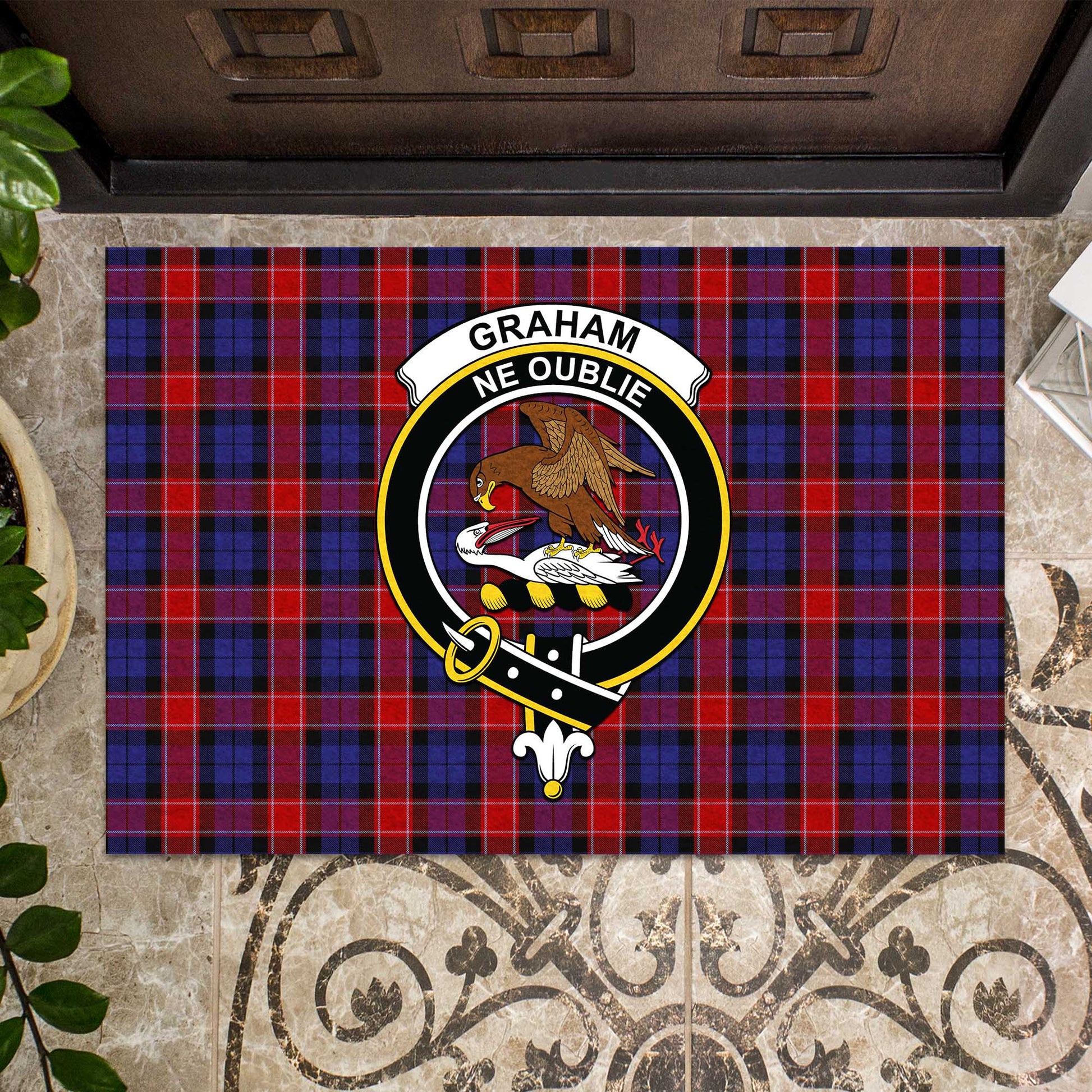 Graham of Menteith Red Tartan Door Mat with Family Crest - Tartanvibesclothing