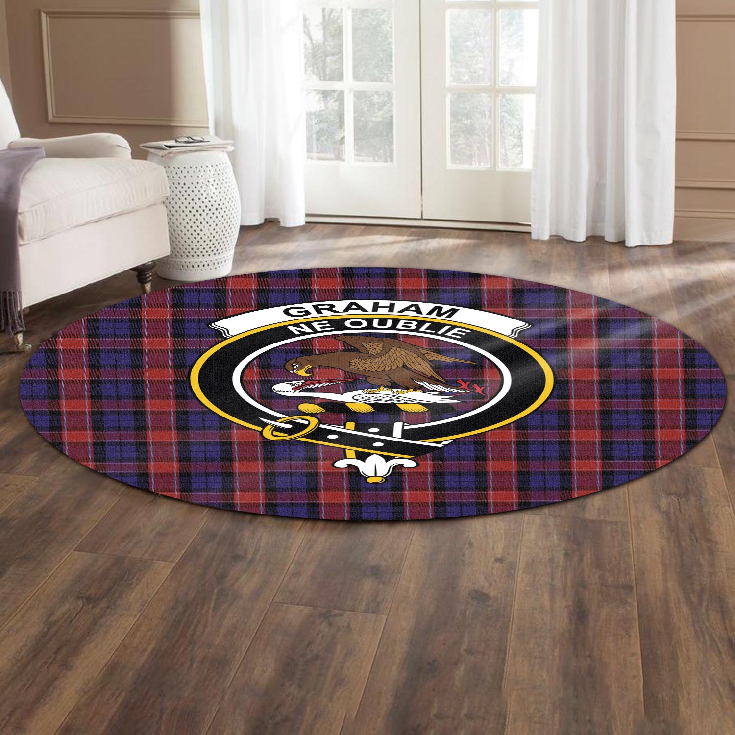 graham-of-menteith-red-tartan-round-rug-with-family-crest