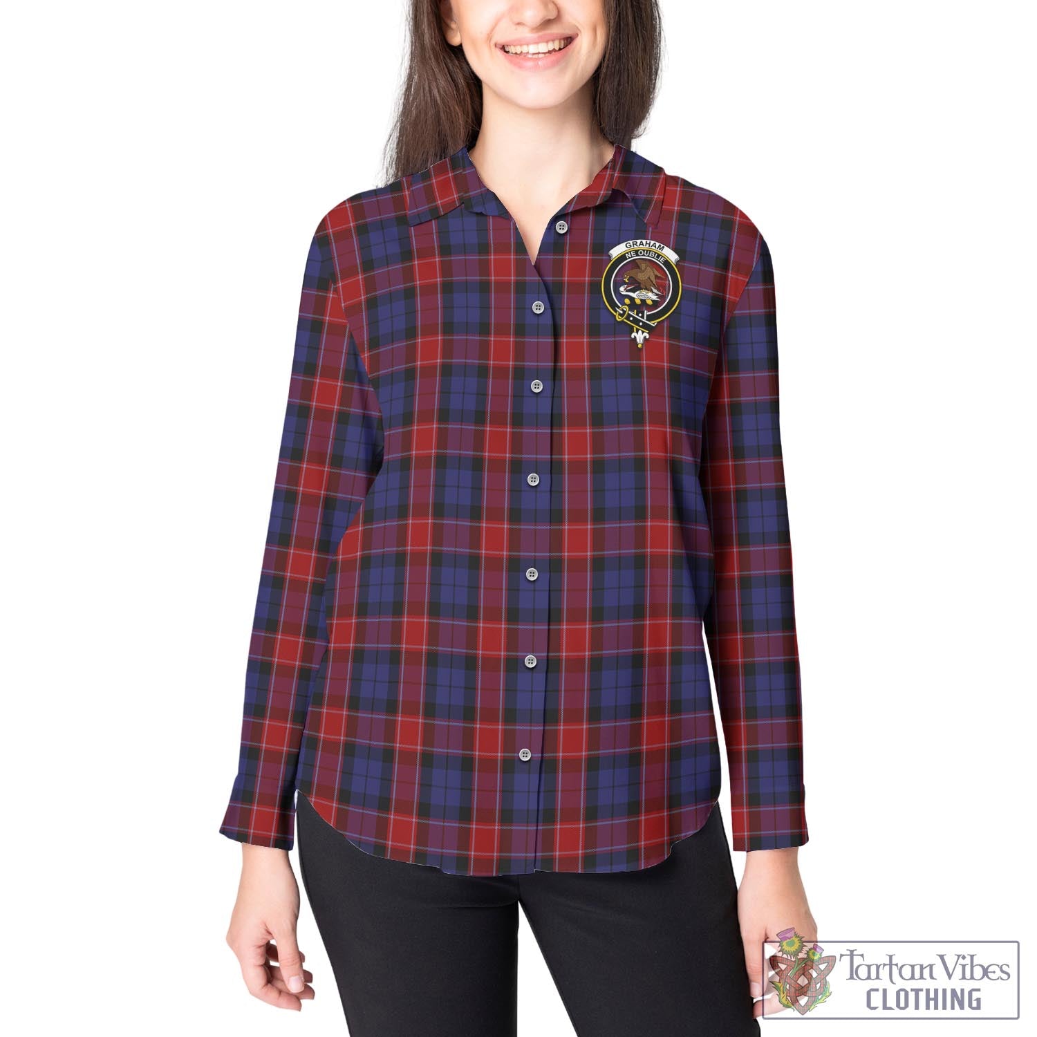 Tartan Vibes Clothing Graham of Menteith Red Tartan Womens Casual Shirt with Family Crest