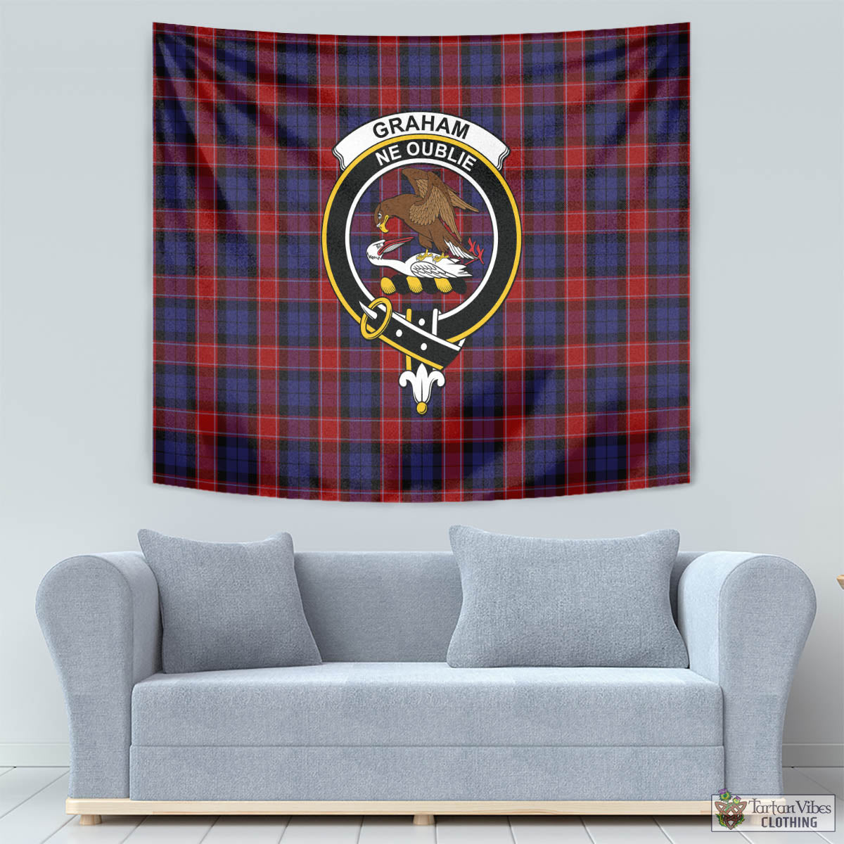 Tartan Vibes Clothing Graham of Menteith Red Tartan Tapestry Wall Hanging and Home Decor for Room with Family Crest