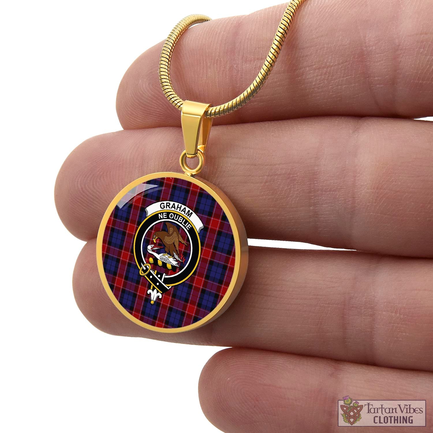 Tartan Vibes Clothing Graham of Menteith Red Tartan Circle Necklace with Family Crest