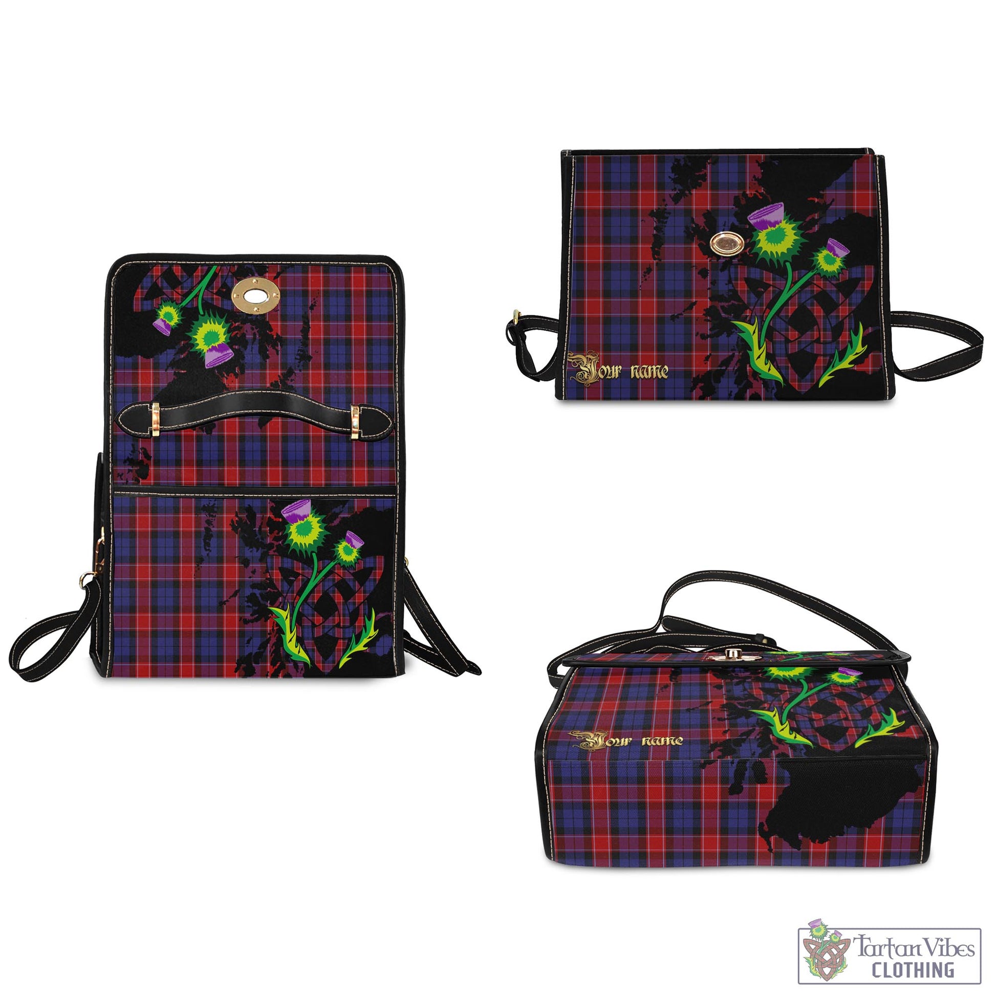 Tartan Vibes Clothing Graham of Menteith Red Tartan Waterproof Canvas Bag with Scotland Map and Thistle Celtic Accents